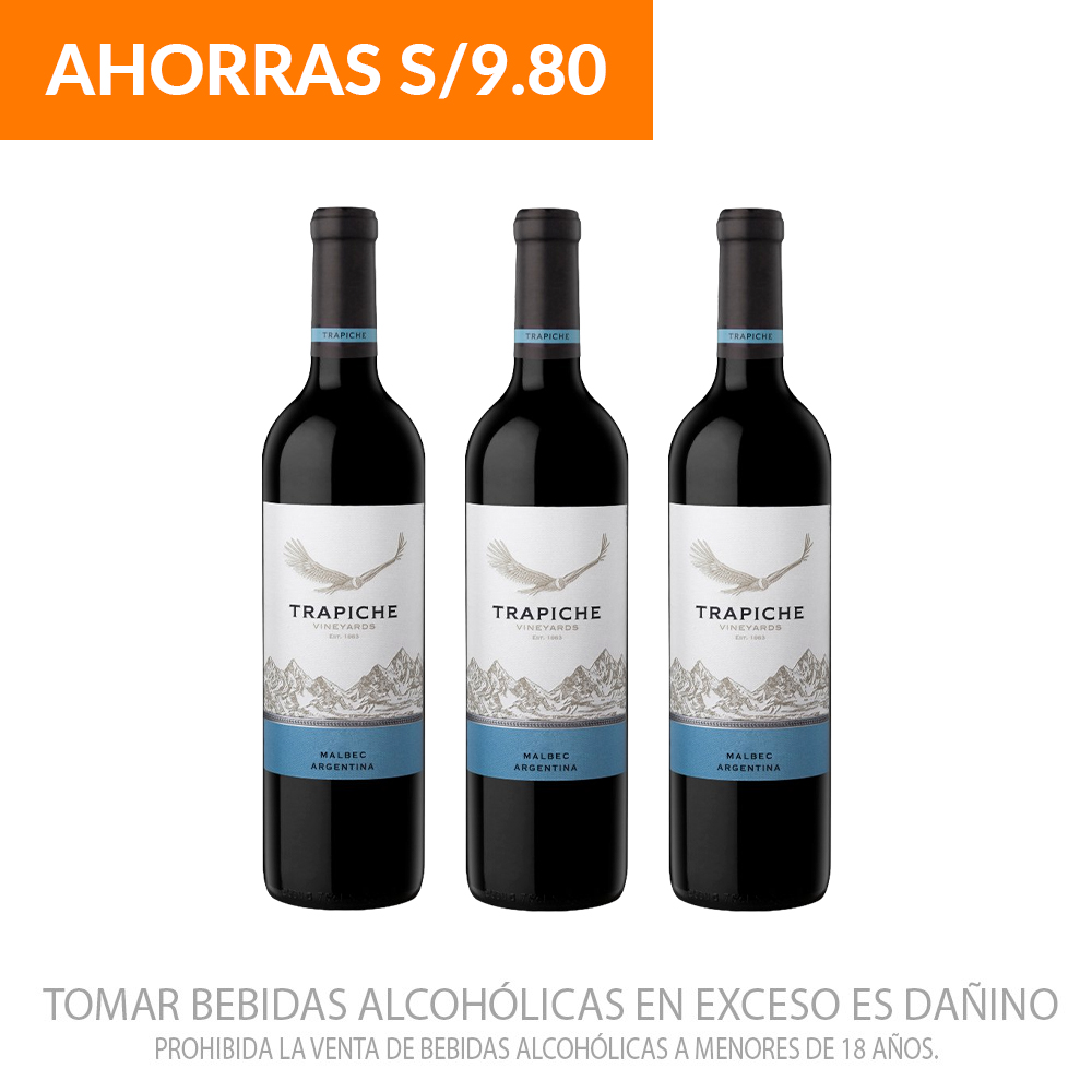 3 Bot Vino Tinto Malbec trapiche Vineyards x 750ml